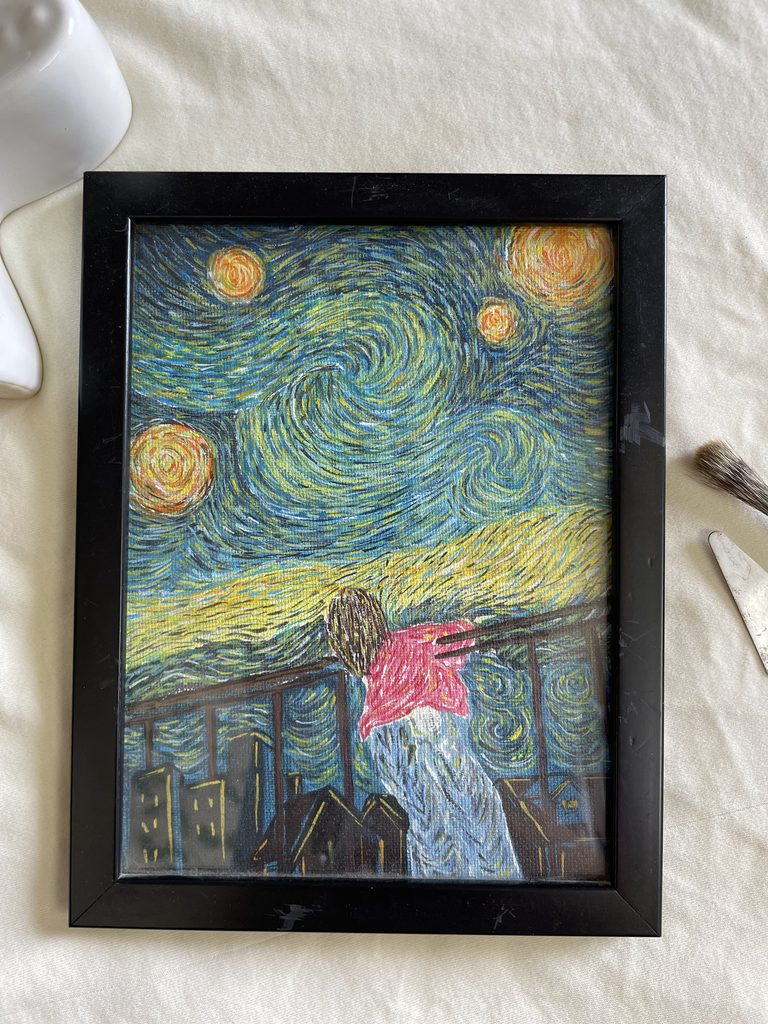 An original painting by Shrestha Dutta: a swirling, van-Gogh-inflected night sky above a lone figure in red